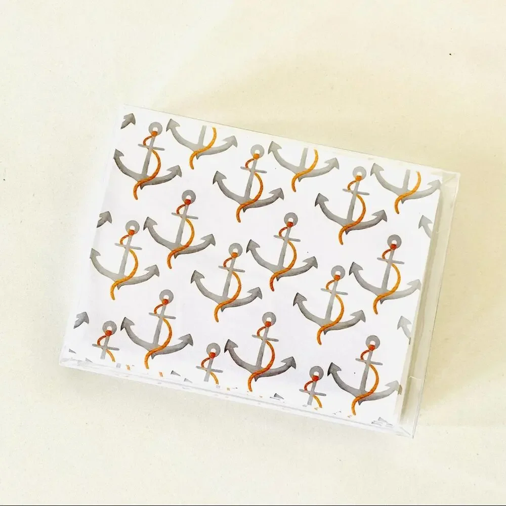 2 NEW ANTHROPOLOGIE White Grey Illustrated Anchor Nautical Card Notecards s/10